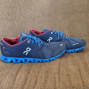 On Running Athletic Shoes in Blue and Red with Streamlined Design